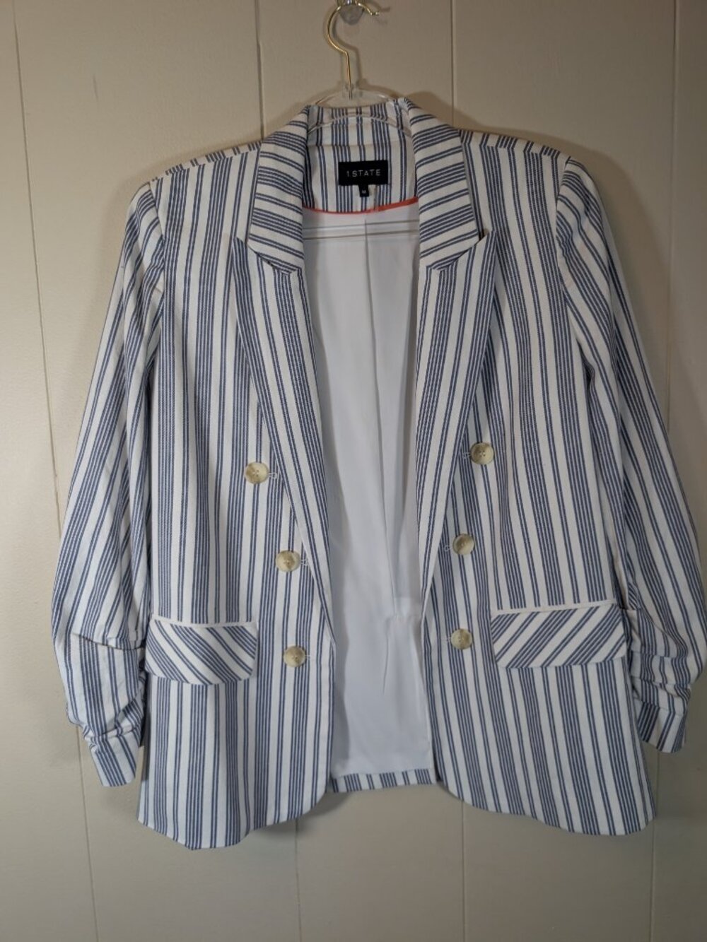 1.STATE Striped Double Breasted Blazer M Blue White Cotton Ruched Sleeve Nautica